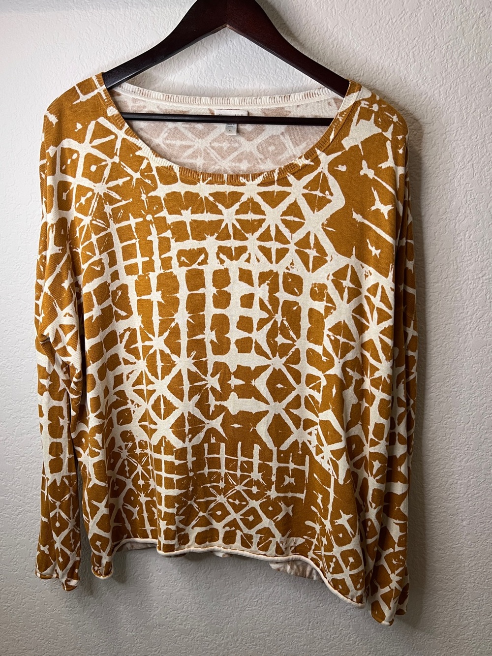 Garnet Hill Batik Mustard & Cream Geometric Boatneck Silk Blend Sweater Size XL - Picture 2 of 10